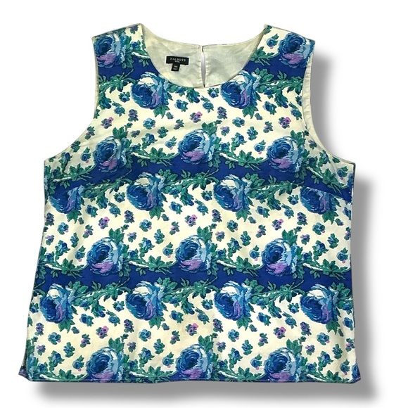 Talbots Boxy Silk and Cotton Tank Top Blue Green Purple Floral Womens Petite 14P - Picture 1 of 16